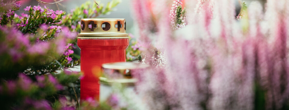 Eine rote Grabkerze steht zwischen bunten Blumen auf einem Grab.